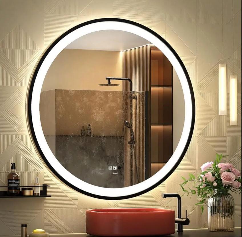 Oglinda LED Rotunda 70cm rama neagra CCT Dimabila intrerupator touch dezaburire 35W LL016N