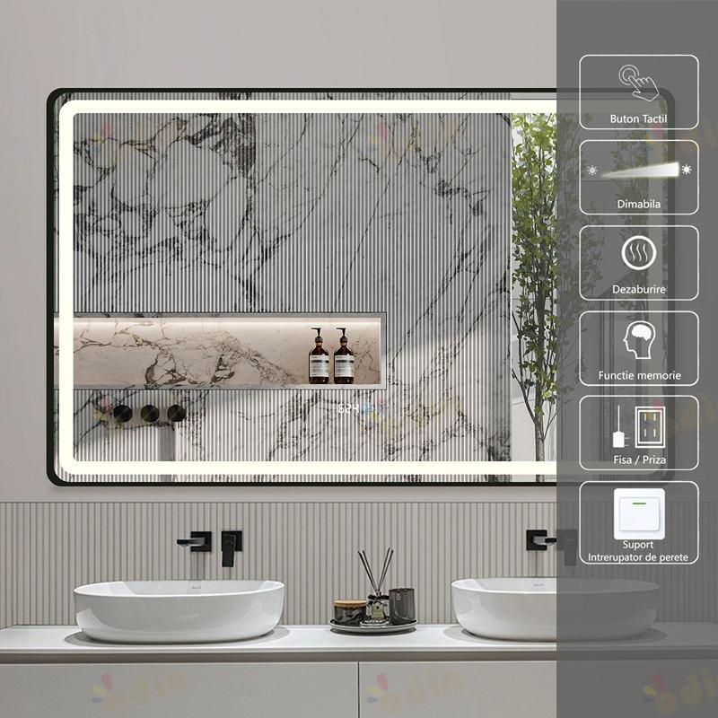 Oglinda LED 110x70 rama neagra intrerupator touch dezaburire ceas CCT Dimabila 51W LL058-101