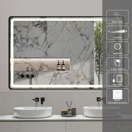 Oglinda LED 110x70 rama neagra intrerupator touch dezaburire ceas CCT Dimabila 51W LL058-101