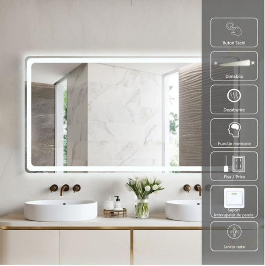 Oglinda LED 150x80 senzor miscare intrerupator touch dezaburire ceas CCT dimabila 75W LL22010-1