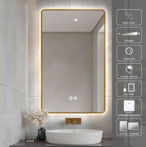 Oglinda LED 60x80 rama aurie intrerupator touch dezaburire CCT Dimabila 47W LL041A