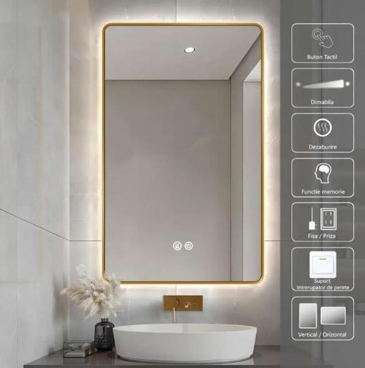 Oglinda LED 60x80 rama aurie intrerupator touch dezaburire CCT Dimabila 47W LL041A